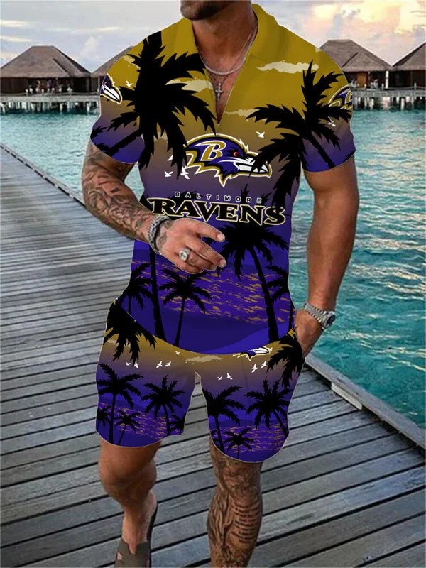Baltimore Ravens Zip Polo Shirt and Shorts