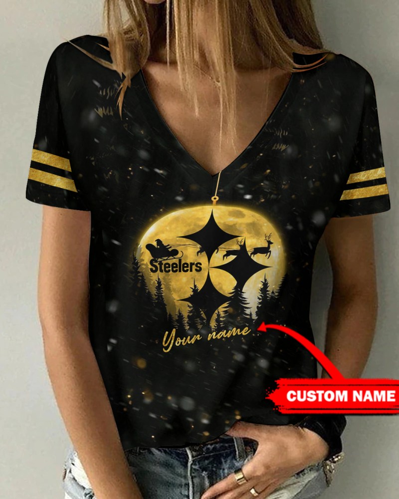 Pittsburgh Steelers Personalized V-neck Women T-shirt - Front View