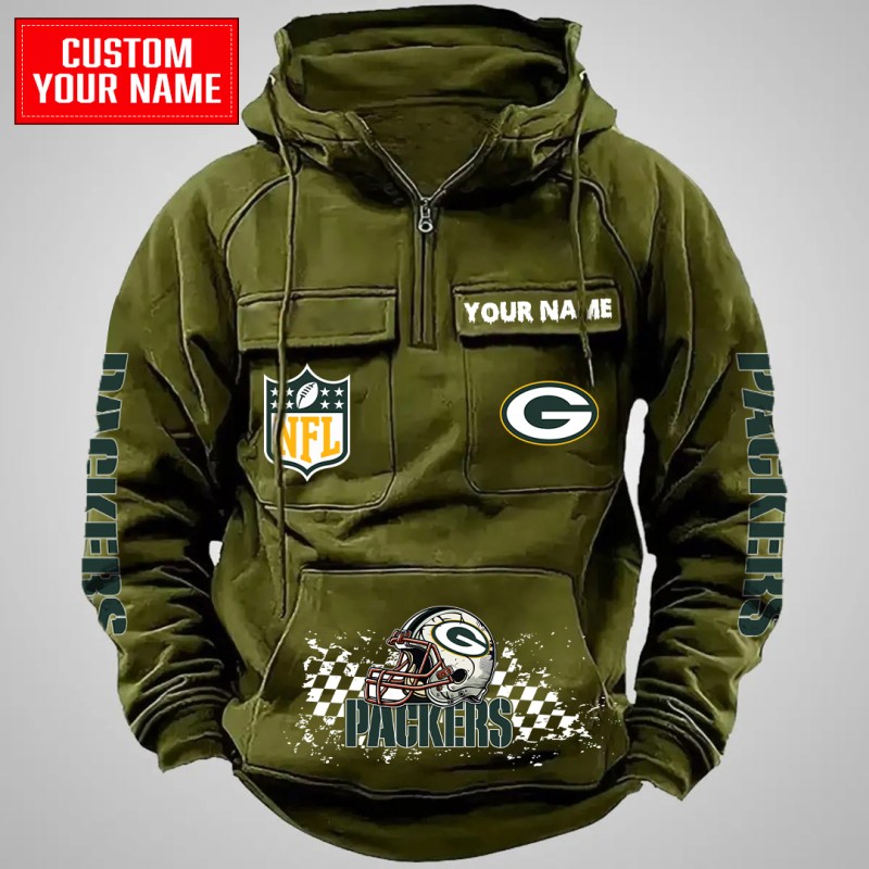 Green Green Bay Packers Multi-Pockets Zip Hoodie