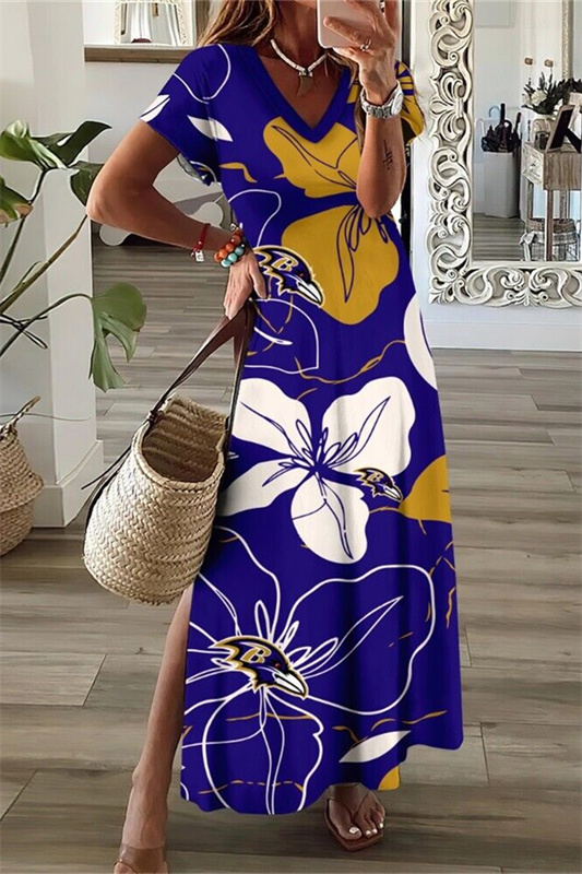 Baltimore Ravens V-Neck Side Slit Long Dress