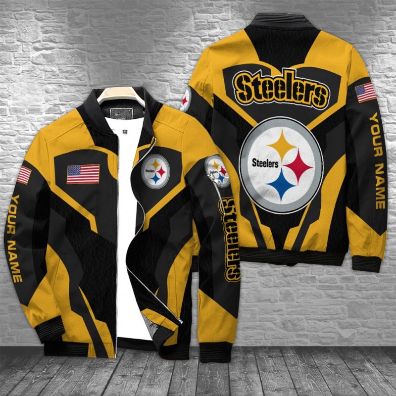 Pittsburgh Steelers Personalized Bomber Jacket - Front and Back View