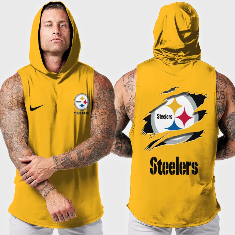 Pittsburgh Steelers Men's Workout Hooded Tank Top - Back View