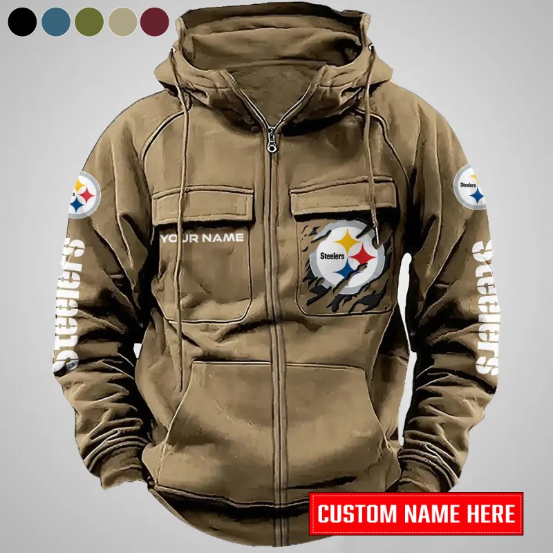Pittsburgh Steelers Personalized Zip-Up Hoodie Khaki