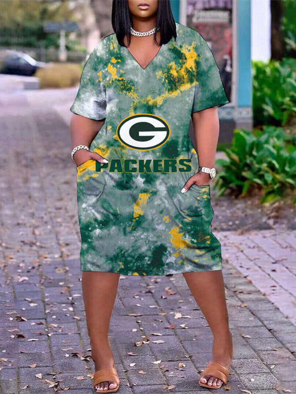Green Bay Packers V-neck Casual Pocket Dress
