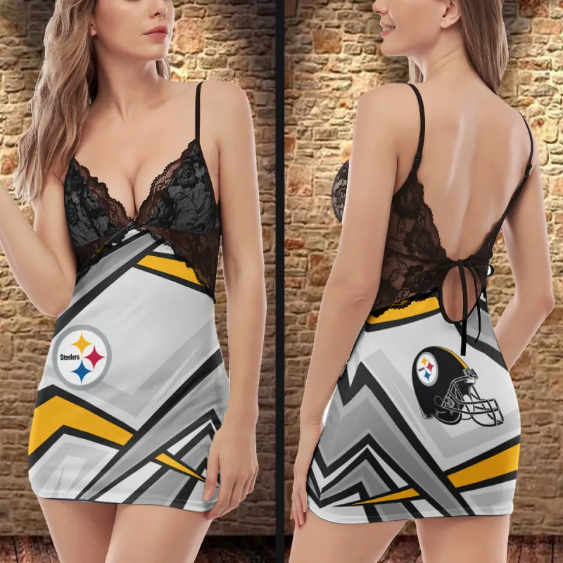 Pittsburgh Steelers Lace Back Strap Slip Dress Back View