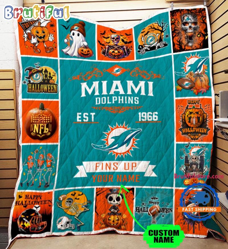 Miami Dolphins Pumpkin Halloween Quilt Blanket