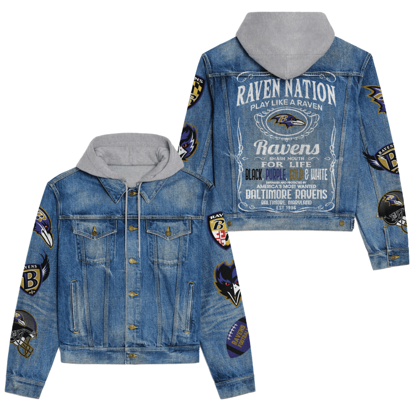 Baltimore Ravens Premium Hooded Denim Jacket Front View
