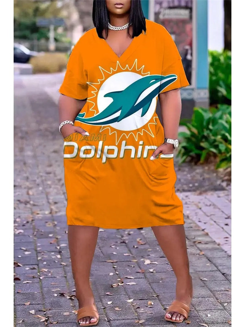 Miami Dolphins V-neck Casual Pocket Dress