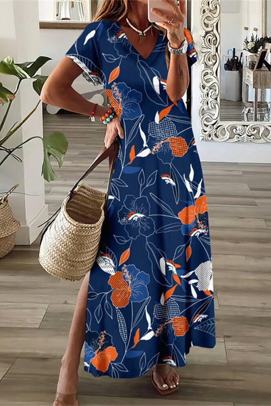 Denver Broncos V-Neck Side Slit Long Dress