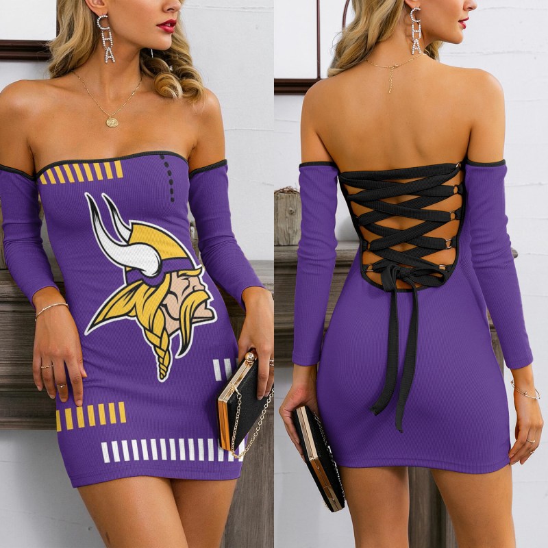Minnesota Vikings Lace Up Back Bardot Bodycon Dress