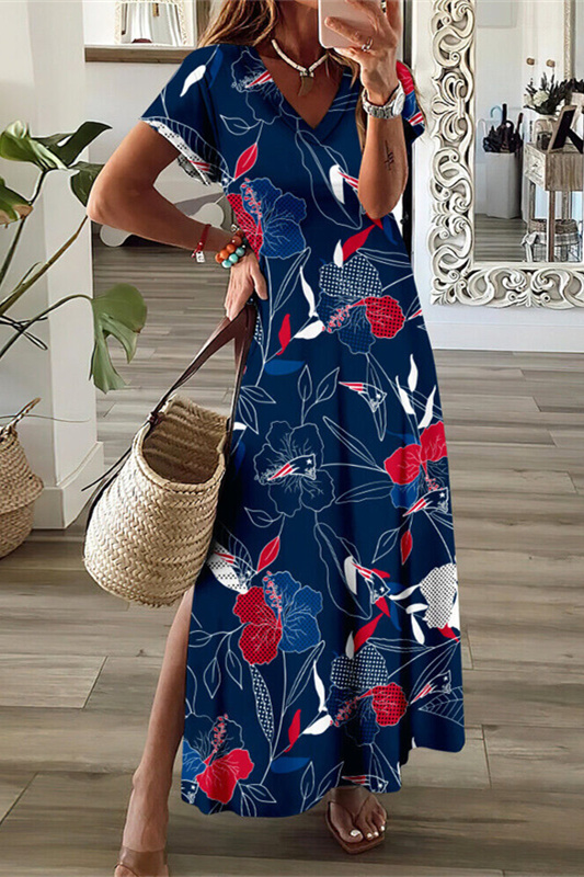 New England Patriots V-Neck Side Slit Long Dress