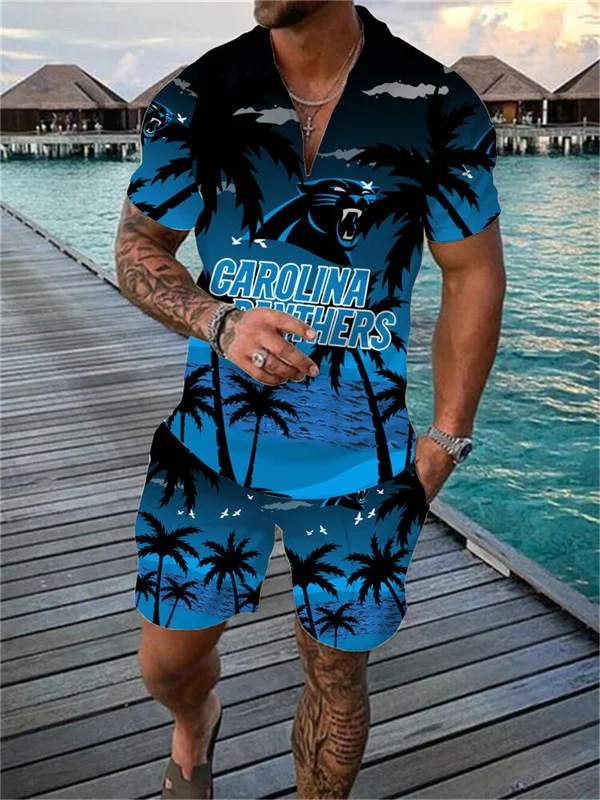 Carolina Panthers Zip Polo Shirt and Shorts Men