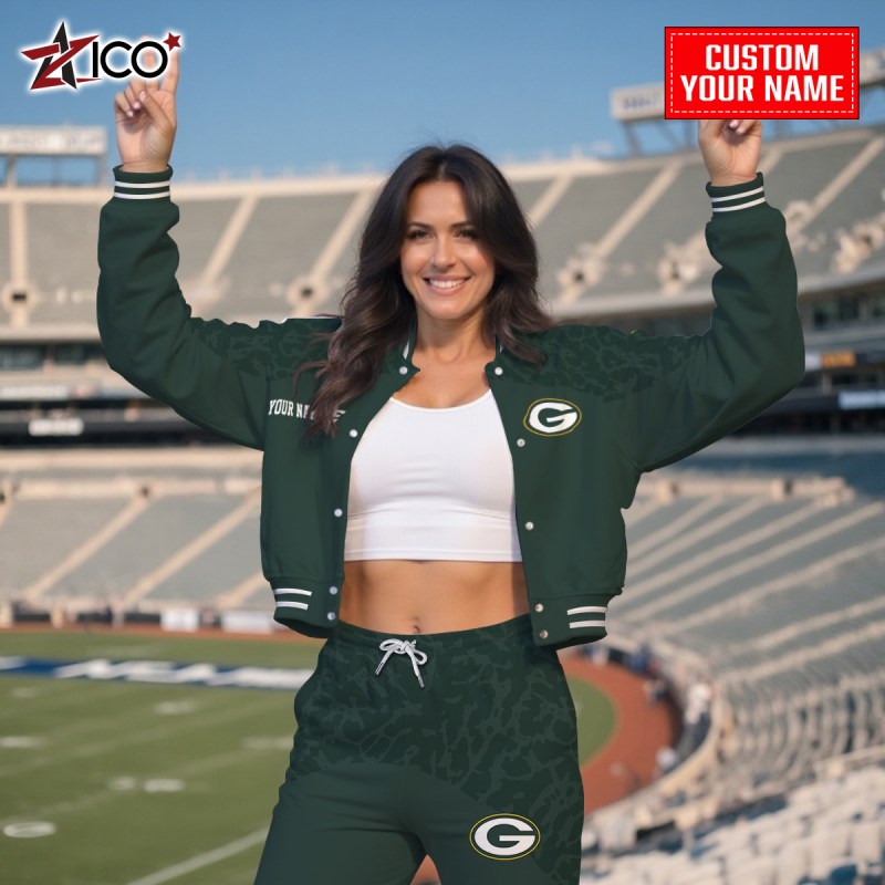 Green Bay Packers Combo Crop Varsity Jacket And Sweatpants Outdoor Image 2