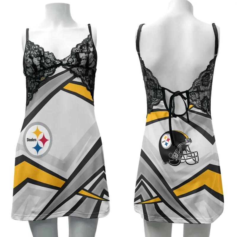 Pittsburgh Steelers Lace Back Strap Slip Dress Front View