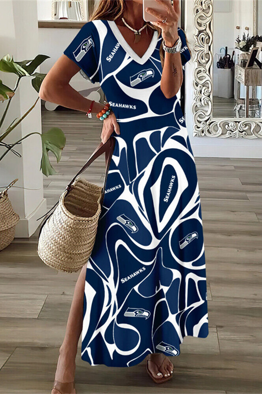 Seattle Seahawks V-Neck Side Slit Long Dress