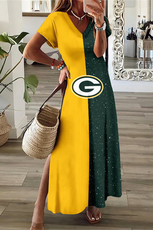 Green Bay Packers V-Neck Side Slit Long Dress
