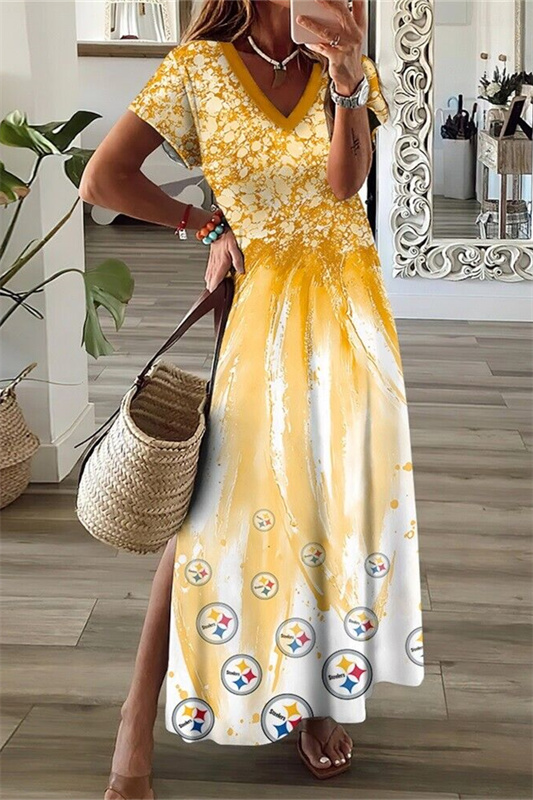 Pittsburgh Steelers V-Neck Side Slit Long Dress
