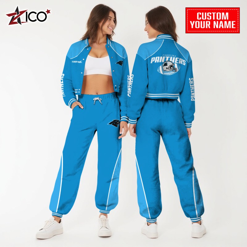 Carolina Panthers Combo Crop Varsity Jacket And Sweatpants - MKStudio