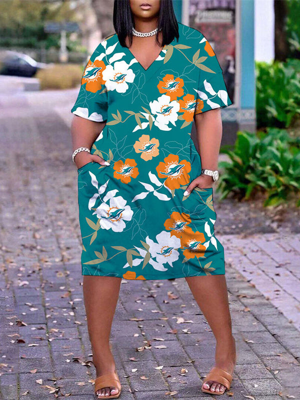 Miami Dolphins V-neck Casual Pocket Dress