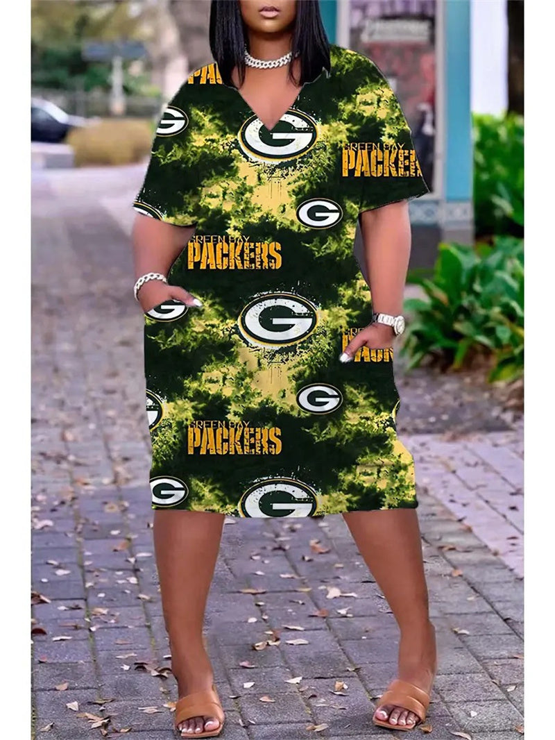 Green Bay Packers V-neck Casual Pocket Dress