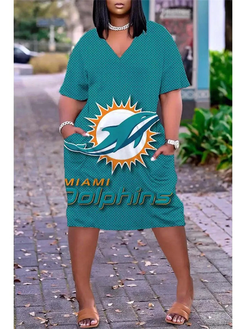 Miami Dolphins V-neck Casual Pocket Dress