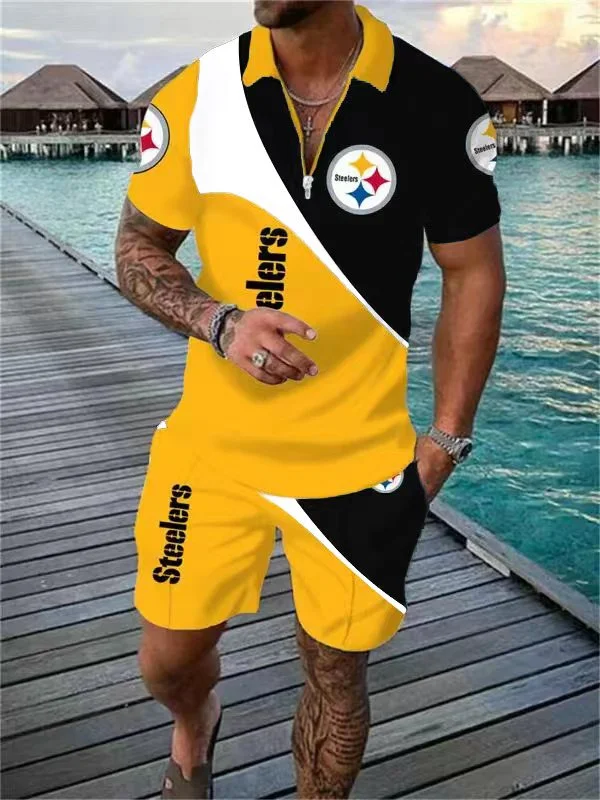 Pittsburgh Steelers Zip Polo Shirt and Shorts