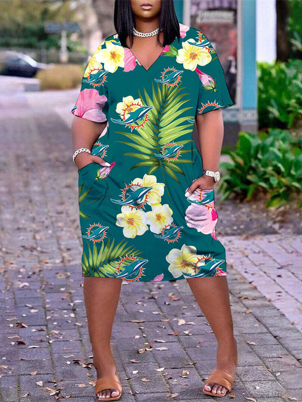 Miami Dolphins V-neck Casual Pocket Dress