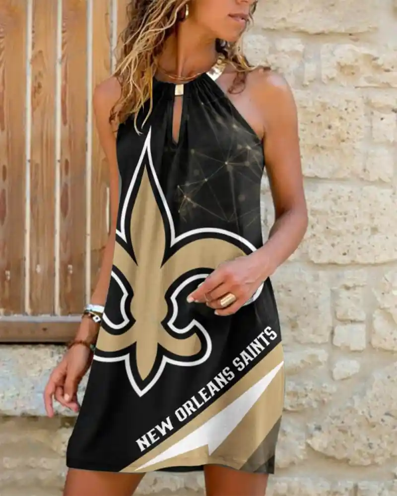 New Orleans Saints Summer Casual Metal Halter Neck Sleeveless Dress
