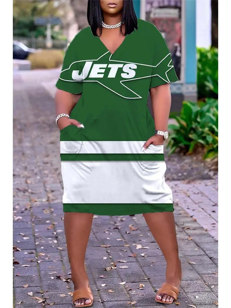 New York Jets V-neck Casual Pocket Dress