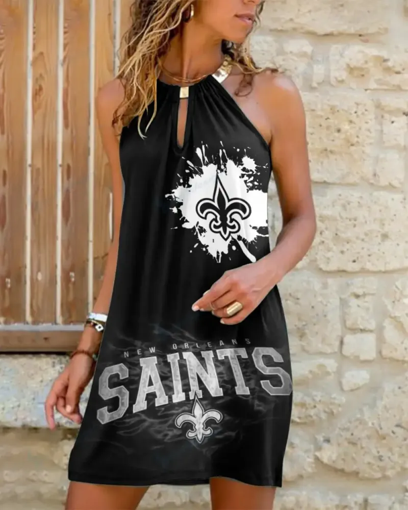New Orleans Saints Summer Casual Metal Halter Neck Sleeveless Dress