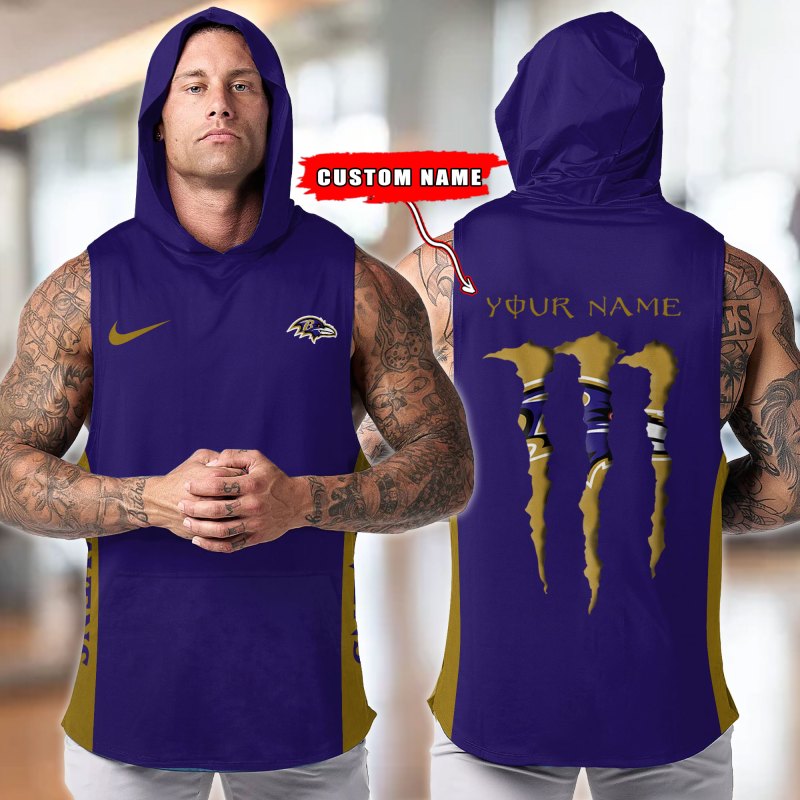 Baltimore Ravens Personalized Men's Workout Hooded Tank Top Side View
