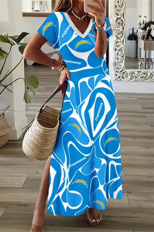 Los Angeles Chargers V-Neck Side Slit Long Dress