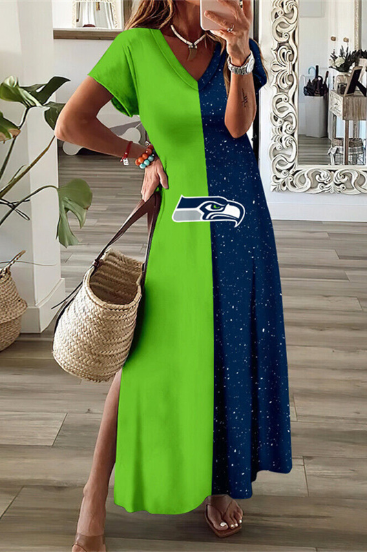 Seattle Seahawks V-Neck Side Slit Long Dress