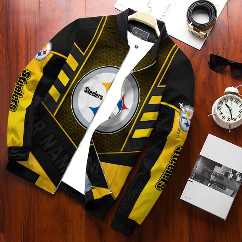 Pittsburgh Steelers Personalized Bomber Jacket Mockup 3