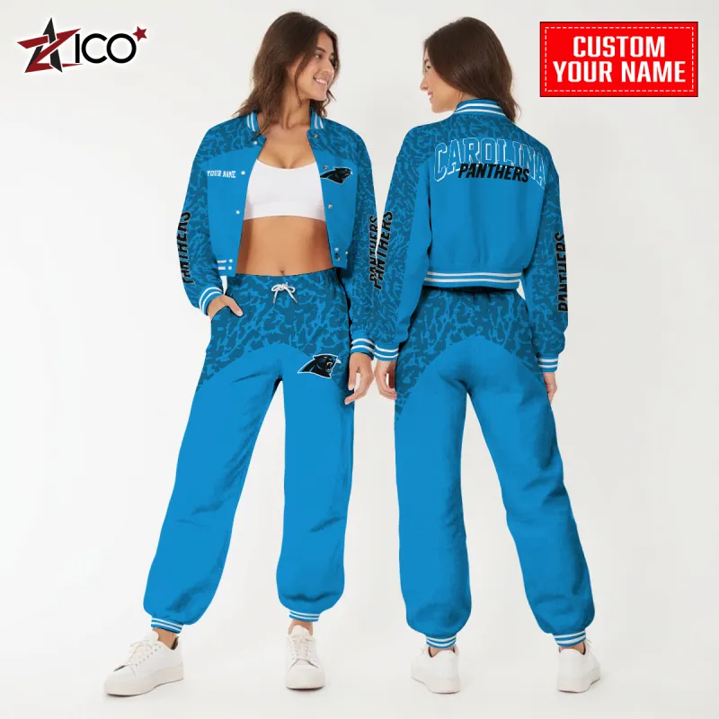 Carolina Panthers Combo Crop Varsity Jacket And Sweatpants - Studio Style
