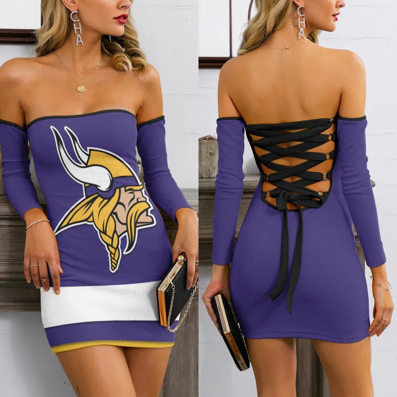 Minnesota Vikings Lace Up Back Bardot Bodycon Dress