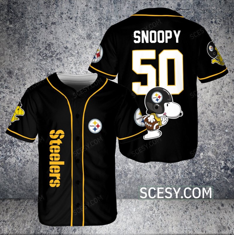 Pittsburgh Steelers Snoopy Baseball Jersey - Black Pipping
