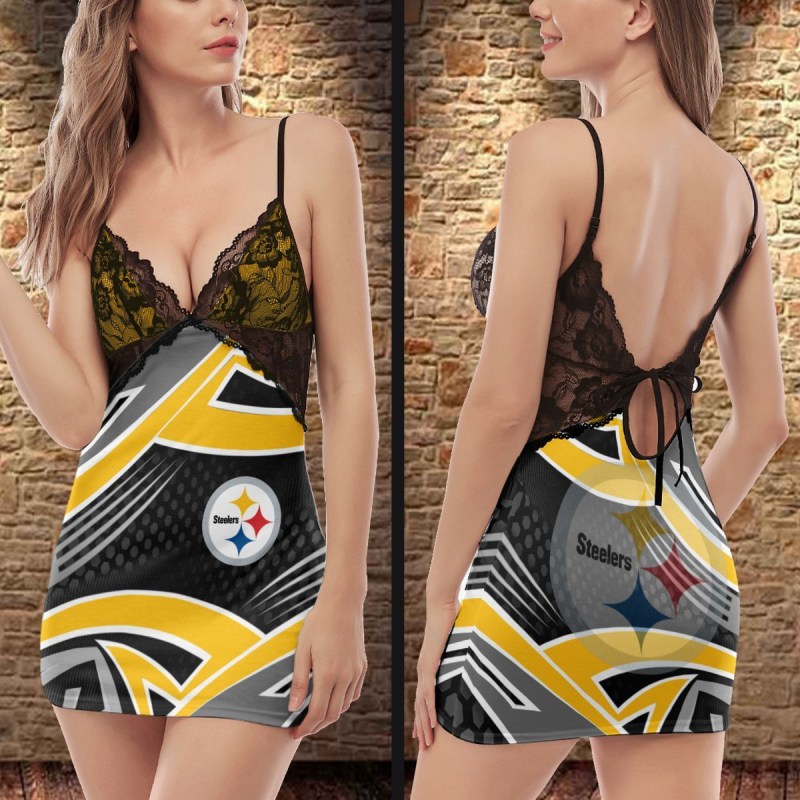 Pittsburgh Steelers Lace Back Strap Slip Dress - Side View
