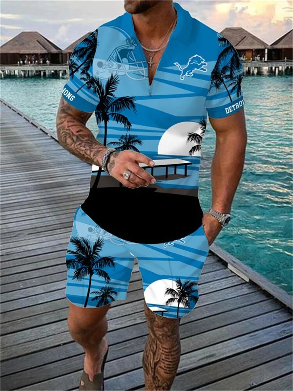 Detroit Lions Zip Polo Shirt and Shorts Men AZPLZ213