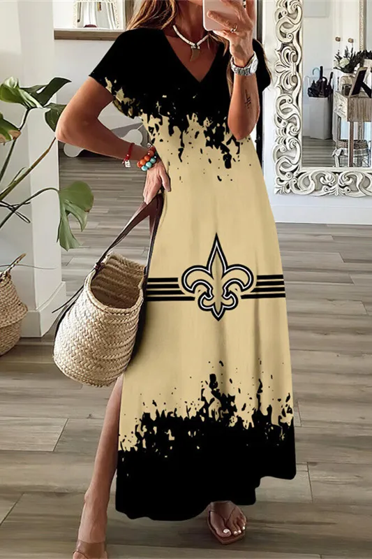 New Orleans Saints V-Neck Side Slit Long Dress
