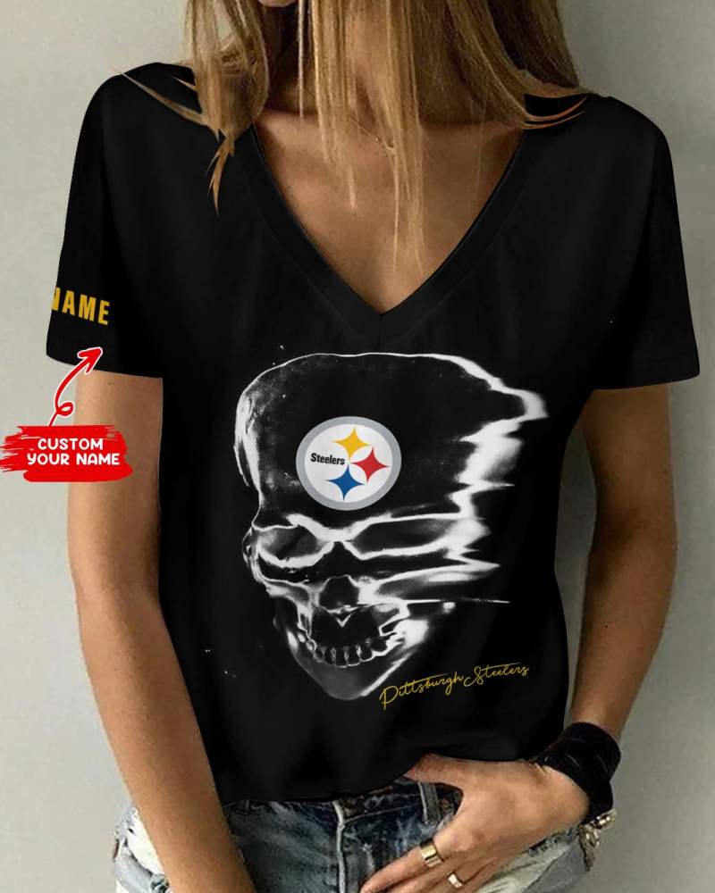 Custom Pittsburgh Steelers Personalized Women's V-neck T-shirt