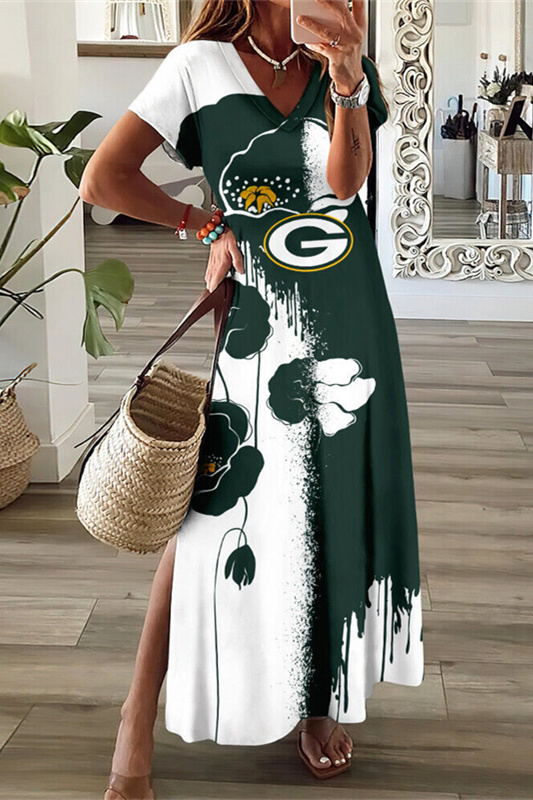 Green Bay Packers V-Neck Side Slit Long Dress