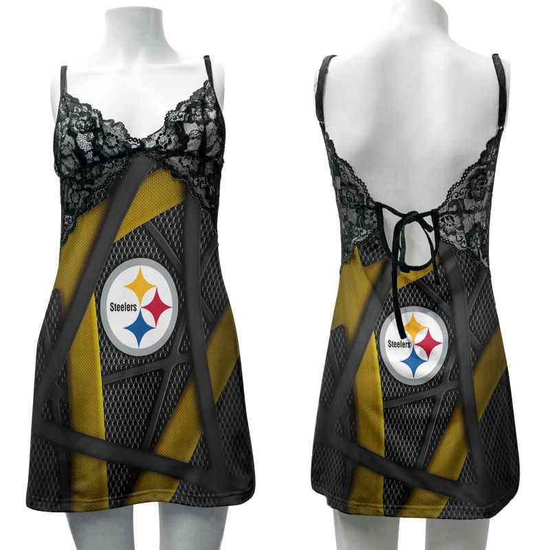 Pittsburgh Steelers Lace Back Strap Slip Dress Front