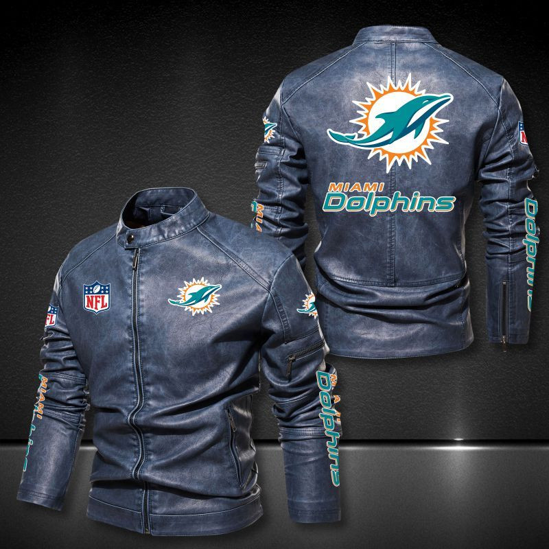 Miami Dolphins Stand-up Collar Leather Jacket