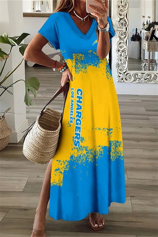 Los Angeles Chargers V-Neck Side Slit Long Dress