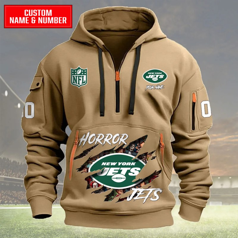 New York Jets Quarter Zip Hoodie Khaki
