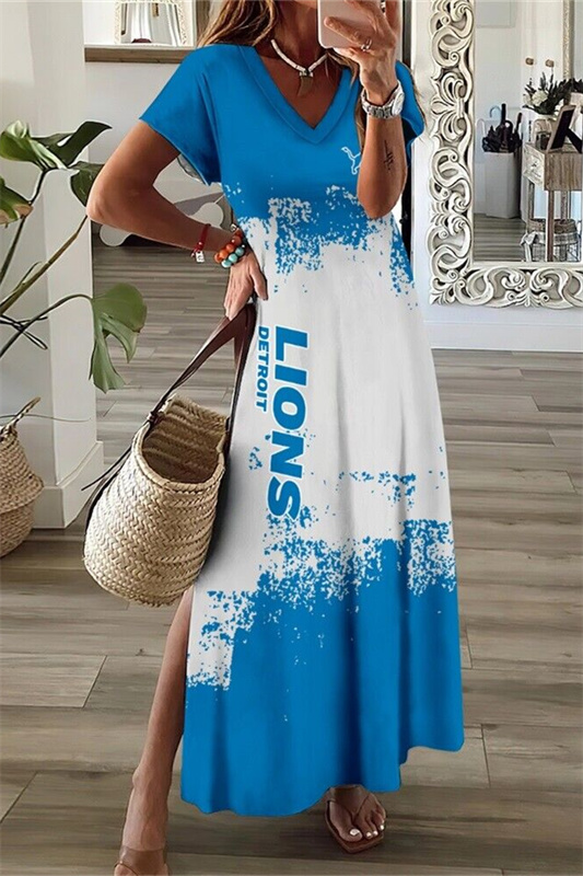Detroit Lions V-Neck Side Slit Long Dress