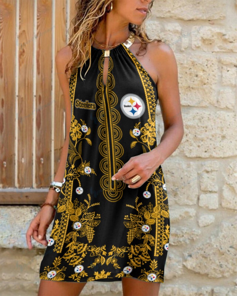 Pittsburgh Steelers Summer Casual Metal Halter Neck Sleeveless Dress