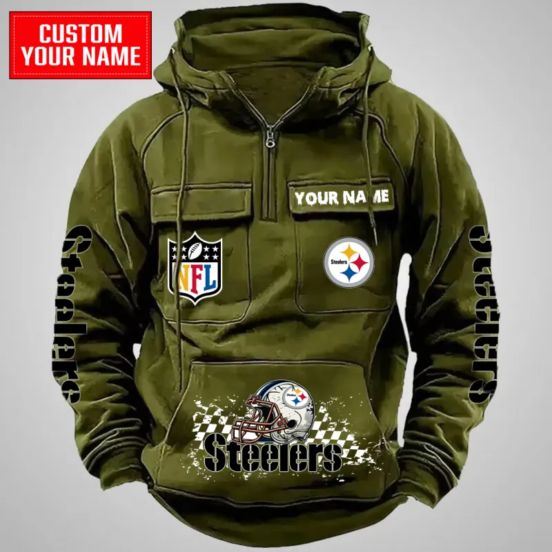 Pittsburgh Steelers Multi-Pockets Zip Hoodie Green