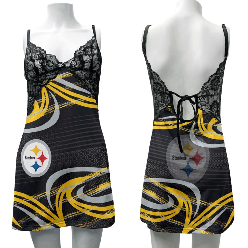 Pittsburgh Steelers Lace Back Strap Slip Dress Front View